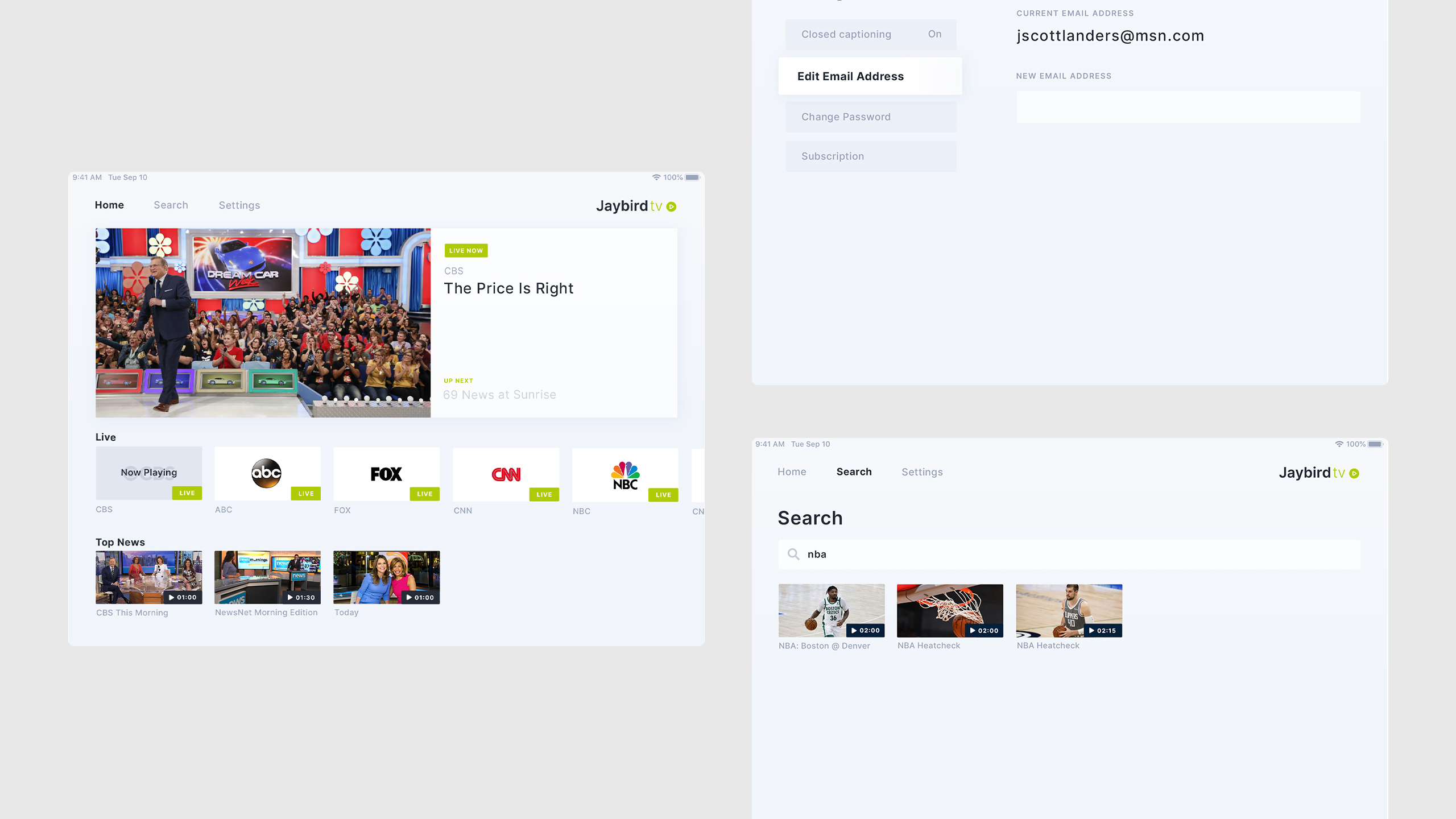 JTV Tablet App Screens