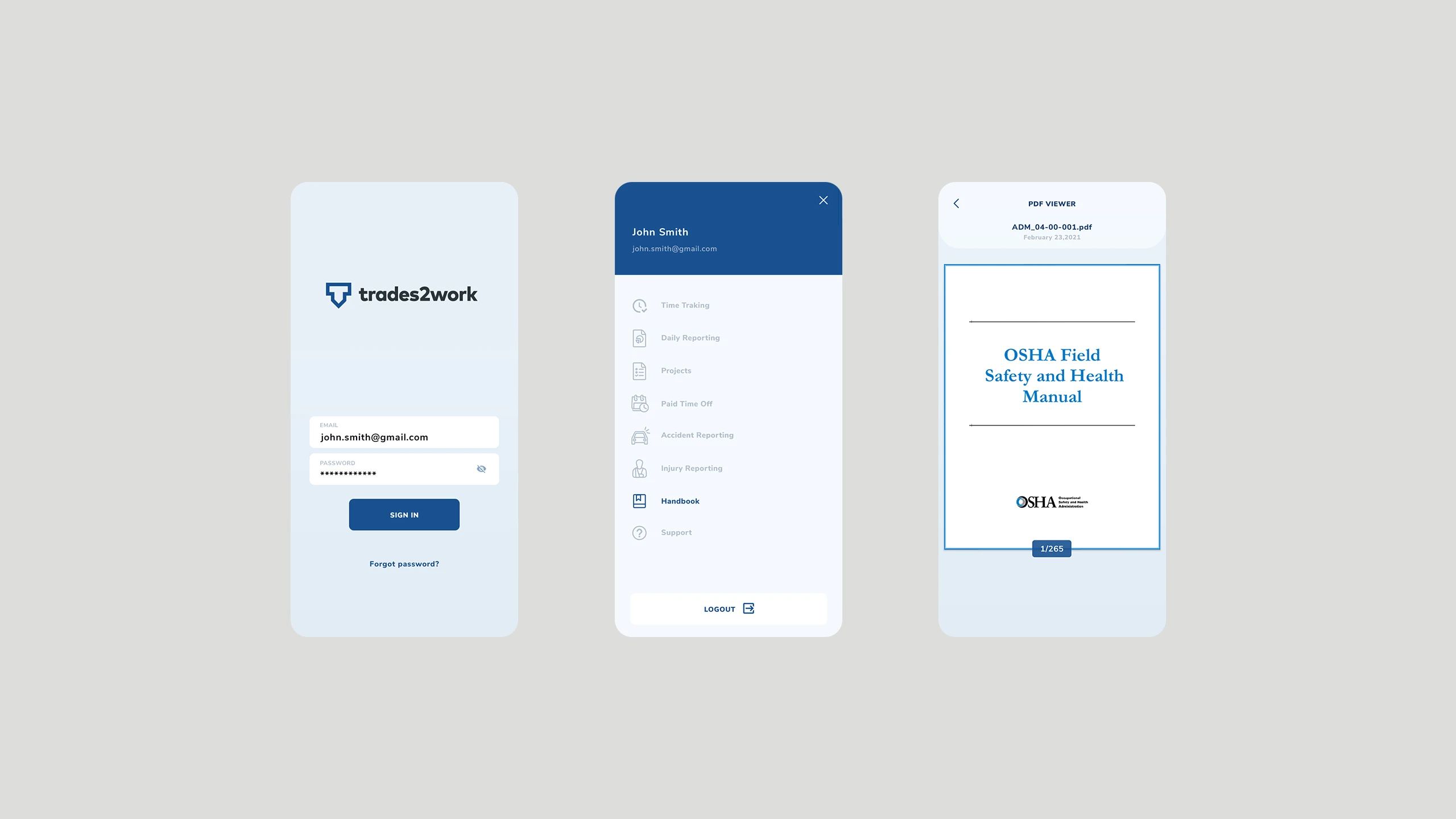 T2W Mobile App Screens